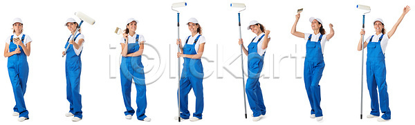 행복 사람 여자 한명 JPG 포토 해외이미지 1 건물 건축업자 계약자 고립 공구 내부 노동자 디자인 롤러 미소 백그라운드 부활 붓 산업 세트 수리 수집 업무 유니폼 작업 전신 종업원 주택 직업 직원 파란색 페인트 페인트붓 해외202310 해외포토 화가 흰색