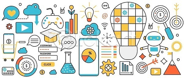 EPS 일러스트 해외이미지 교육 구름모양 그래프 로봇 말풍선 무료이미지 스마트폰 오락기계 전구 플라스크 학사모 해외202310 해외일러스트 확대경