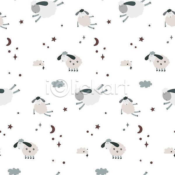 휴식 사람없음 EPS 일러스트 해외이미지 구름(자연) 동물캐릭터 백그라운드 아기자기 양 잠 패턴 해외202310 회색 흰색