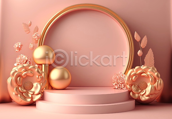 사람없음 3D JPG 포토 해외이미지 광택 금색 꽃 단상 백그라운드 분홍색 원형 파스텔톤 포디움 해외202310