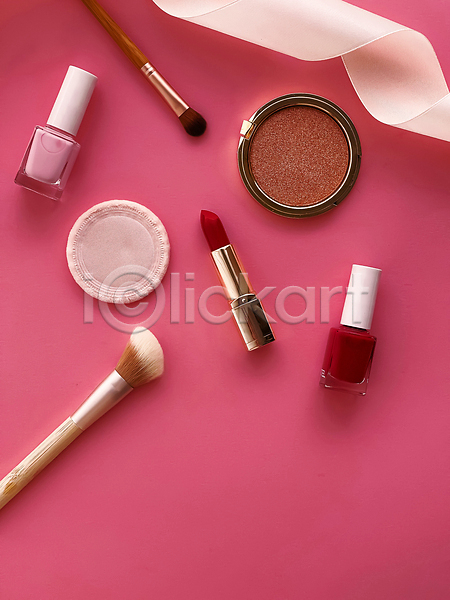 사람없음 JPG 포토 해외이미지 립스틱 매니큐어 메이크업브러쉬 무료이미지 분홍색 붓 뷰티 아이섀도 플랫레이 해외202310 해외포토 화장품