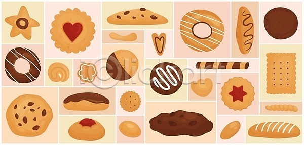 사람없음 EPS 일러스트 해외이미지 갈색 다양 빵 식재료 음식 종류 초코쿠키 쿠키 해외202310