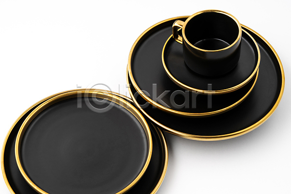 사람없음 JPG 포토 해외이미지 검은색 그릇 금색 쌓기 오브젝트 접시 컵 해외202310