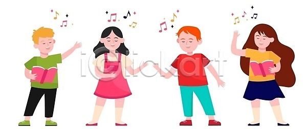 남자 소녀(어린이) 소년 어린이 어린이만 여러명 여자 EPS 일러스트 해외이미지 노래 들기 무료이미지 책 해외202310 해외일러스트