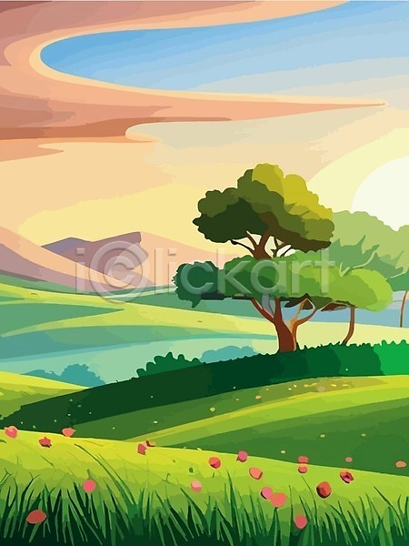 분위기 사람없음 EPS 일러스트 해외이미지 구름(자연) 나무 들꽃 백그라운드 산 초원(자연) 풍경(경치) 하늘 해외202310