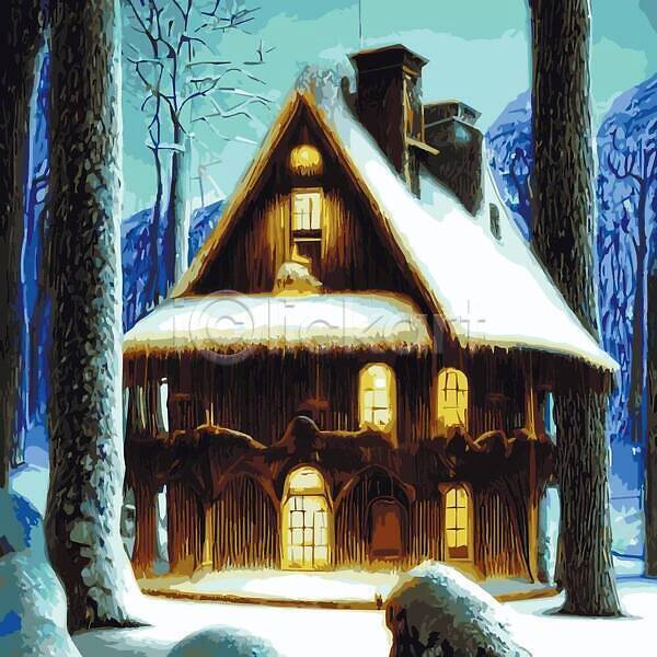 추위 사람없음 EPS 일러스트 해외이미지 겨울 나무 눈(날씨) 설원 숲 주택 풍경(경치) 해외202310
