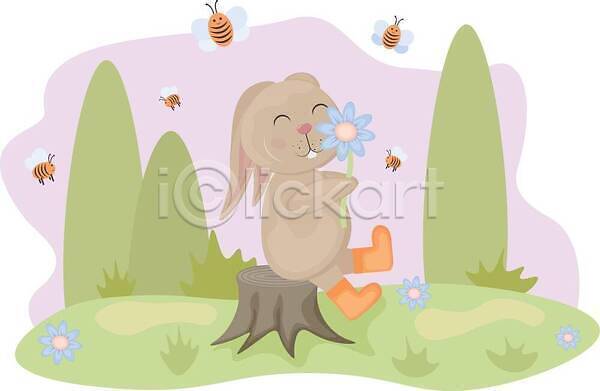 귀여움 사람없음 JPG 해외이미지 꽃 꿀벌 나무 나무밑둥 들기 미소(표정) 장화 초원(자연) 토끼 해외202310
