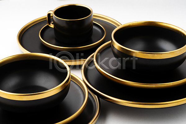 사람없음 JPG 포토 해외이미지 검은색 그릇 금색 쌓기 오브젝트 접시 컵 해외202310