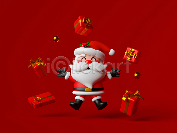 남자 노년 노인남자한명만 한명 3D JPG 포토 해외이미지 3D캐릭터 만세 빨간색 산타클로스 선물상자 전신 점프 크리스마스 해외202310