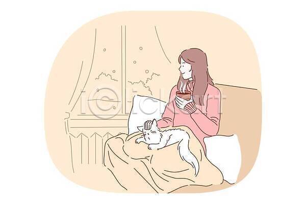 따뜻함 행복 휴식 사람 여자 한명 EPS 일러스트 해외이미지 고양이 담요 들기 디자인 라이프스타일 무료이미지 반려동물 방 소파 안락 응시 차 침대 침실 해외202310 해외일러스트