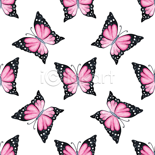 사람없음 JPG 포토 해외이미지 나비 분홍색 손그림 수채화(물감) 패턴 해외202310