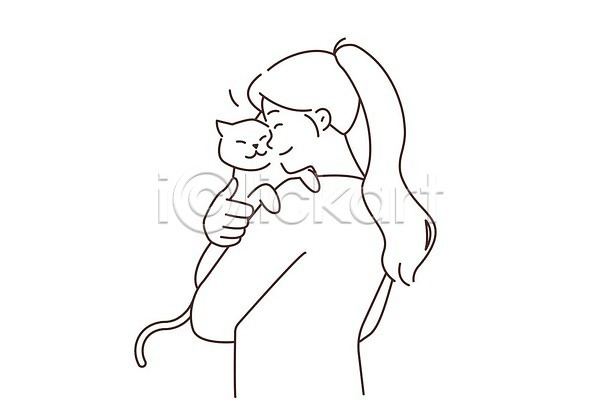 사랑 성인 성인여자한명만 여자 한명 EPS 일러스트 해외이미지 고양이 라인아트 미소(표정) 반려묘 상반신 안기