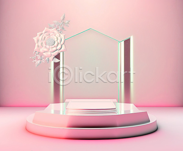 사람없음 3D JPG 포토 해외이미지 광택 꽃 단상 백그라운드 분홍색 파스텔톤 포디움 해외202310