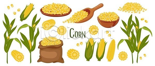 사람없음 EPS 일러스트 해외이미지 스쿱 옥수수 옥수수껍질 옥수수알 포대 해외202310 해외일러스트
