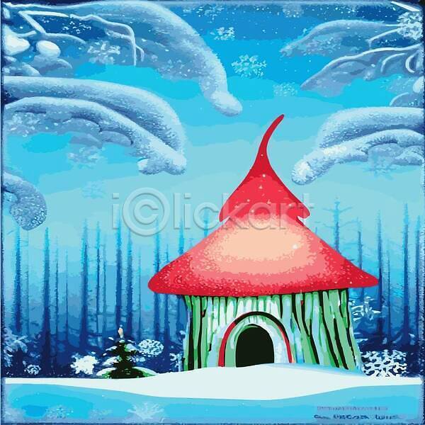 추위 사람없음 EPS 일러스트 해외이미지 겨울 나무 눈(날씨) 설원 숲 주택 풍경(경치) 해외202310