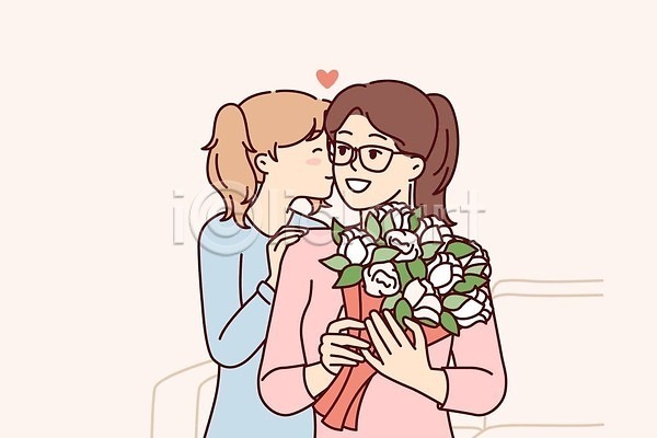 사랑 축하 행복 두명 성인 소녀(어린이) 어린이 여자 여자만 EPS 일러스트 해외이미지 가족 꽃 꽃다발 들기 딸 모녀 무료이미지 안경낌 어머니의날 어버이날 엄마 일러캐릭터 키스 해외202310 해외일러스트