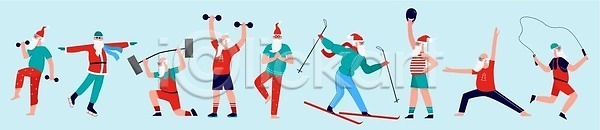 시원함 추위 행복 사람 EPS 일러스트 해외이미지 12월 건강 겨울 고립 그래픽 달리기 만화 명상 몸무게 밧줄 배너 백그라운드 벡터 빨간색 산타클로스 선물 세트 스키 스포츠 아령 에어로빅 연습 요가 운동 일러캐릭터 점프 체육관 캐릭터 컨셉 크리스마스 클라우스 파란색 포즈 플랫 해외202310 해외일러스트 휴가