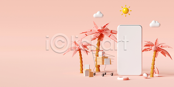 사람없음 3D JPG 포토 해외이미지 구름(자연) 백그라운드 분홍색 비치볼 선물상자 쇼핑백 쇼핑카 스마트폰 야자수 여행 카피스페이스 태양 튜브 해외202310 휴가