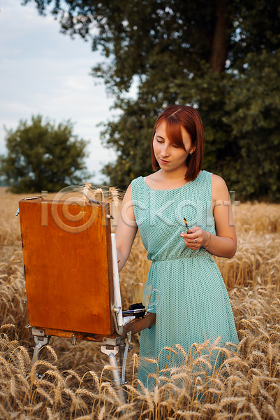 분위기 성인 성인여자한명만 여자 한명 JPG 앞모습 포토 해외이미지 갈대밭 갈색 나무 들기 붓 상반신 야외 원피스 캔버스 하늘 화가
