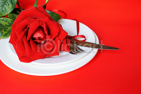 사랑 화려 사람없음 JPG 포토 해외이미지 나이프 리본 빨간색 장미 저녁식사 접시 포크 해외202310