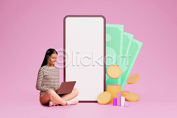 성인 성인여자한명만 여자 한명 JPG 포토 해외이미지 그래프 노트북 동전 목업 백그라운드 분홍색 스마트폰 스크린 앉기 전신 지폐 카피스페이스