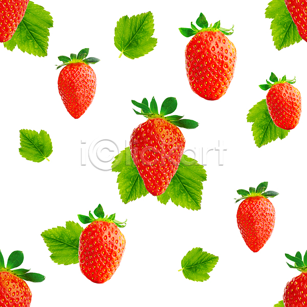 사람없음 JPG 포토 해외이미지 딸기 딸기잎 패턴 해외202310 흰배경