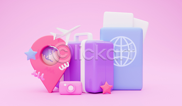 사람없음 3D JPG 포토 해외이미지 별 분홍색 비행기 여권 여행가방 오브젝트 위치 카메라 항공권 해외202310 휴가
