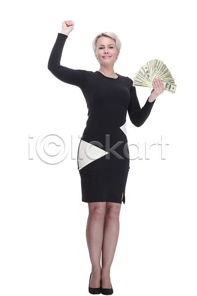 성인 성인여자한명만 여자 한명 JPG 앞모습 포토 해외이미지 미소(표정) 손들기 전신 지폐 파이팅 해외202310 흰색