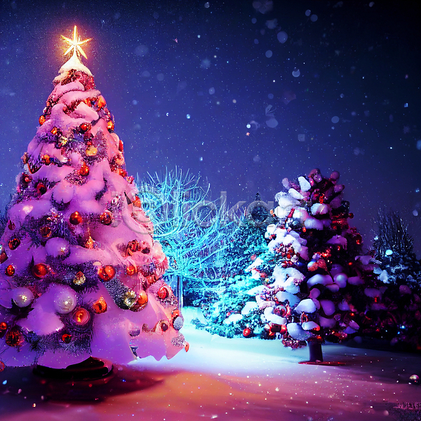 사람없음 JPG 포토 해외이미지 겨울 눈(날씨) 반짝임 밤하늘 빛 야간 오너먼트 크리스마스 크리스마스트리 풍경(경치) 해외202310