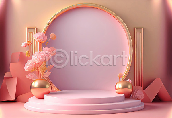 사람없음 3D JPG 포토 해외이미지 광택 금색 꽃 단상 백그라운드 분홍색 원형 파스텔톤 포디움 해외202310