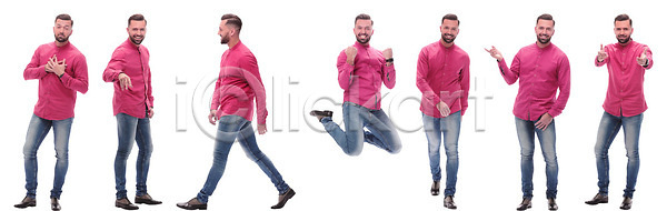 시원함 자신감 행복 남자 사람 성인 한명 JPG 포토 해외이미지 가득함 가리킴 감정 걷기 고립 라이프스타일 모델 모음 미소 방향 백그라운드 빨간색 서기 세대 세트 셔츠 스타일 유행 응시 전신 점프 청바지 컨셉 파노라마 해외202310 해외포토 흰색