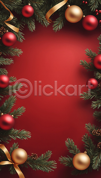 사람없음 JPG 디지털합성 편집이미지 리본 백그라운드 빨간색 솔방울 솔잎 오너먼트 카피스페이스 크리스마스 프레임
