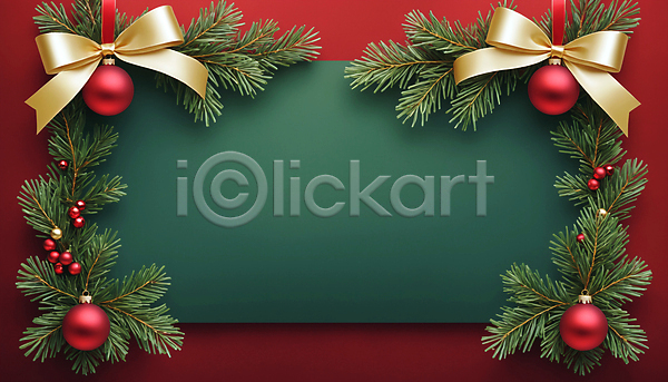 사람없음 JPG 디지털합성 편집이미지 리본 백그라운드 사각형 솔잎 열매 오너먼트 초록색 카피스페이스 크리스마스 프레임