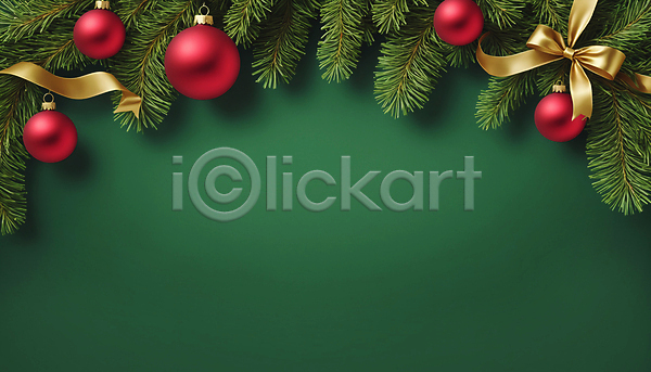 사람없음 JPG 디지털합성 편집이미지 리본 백그라운드 솔잎 오너먼트 초록색 카피스페이스 크리스마스