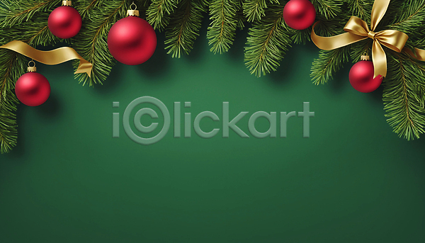 사람없음 JPG 디지털합성 편집이미지 리본 백그라운드 솔잎 오너먼트 초록색 카피스페이스 크리스마스