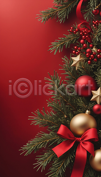 사람없음 JPG 디지털합성 편집이미지 리본 백그라운드 별 빨간색 솔잎 열매 오너먼트 카피스페이스 크리스마스
