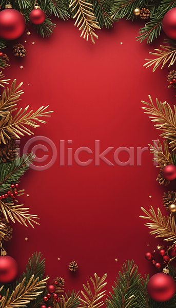 사람없음 JPG 디지털합성 편집이미지 리본 반짝임 백그라운드 빨간색 솔방울 솔잎 오너먼트 카피스페이스 크리스마스 프레임