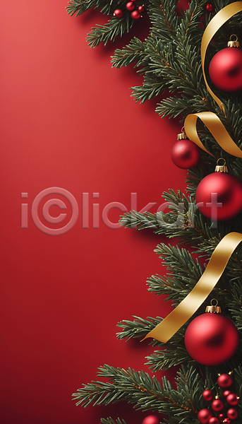 사람없음 JPG 디지털합성 편집이미지 리본 백그라운드 빨간색 솔잎 오너먼트 카피스페이스 크리스마스