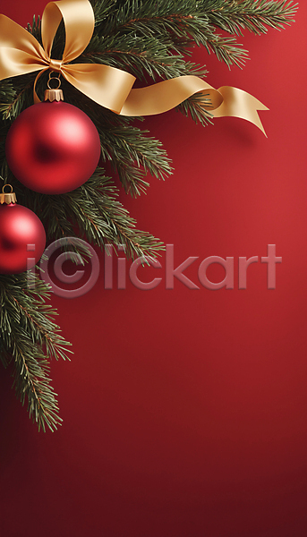 사람없음 JPG 디지털합성 편집이미지 리본 백그라운드 빨간색 솔잎 오너먼트 카피스페이스 크리스마스