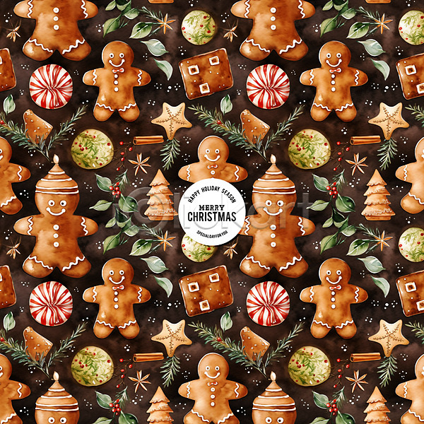 사람없음 PSD 편집이미지 갈색 백그라운드 수채화(물감) 잎 진저맨 진저쿠키 크리스마스 패턴