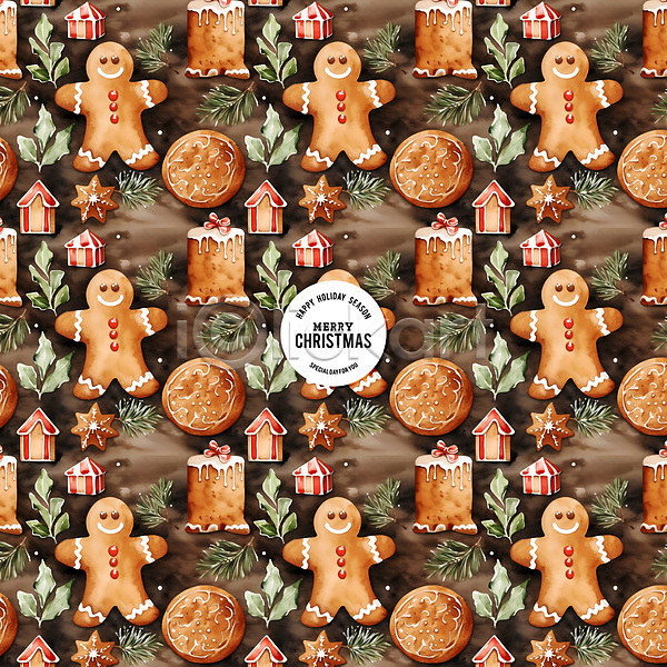 사람없음 PSD 편집이미지 갈색 과자집 눈송이 백그라운드 수채화(물감) 잎 진저맨 진저쿠키 집모양 크리스마스 패턴