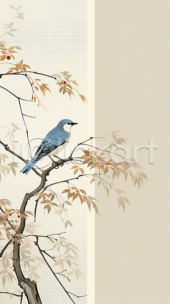 사람없음 JPG 디지털합성 일러스트 그림 나뭇가지 나뭇잎 동양화 백그라운드 카피스페이스 파랑새(새) 한마리