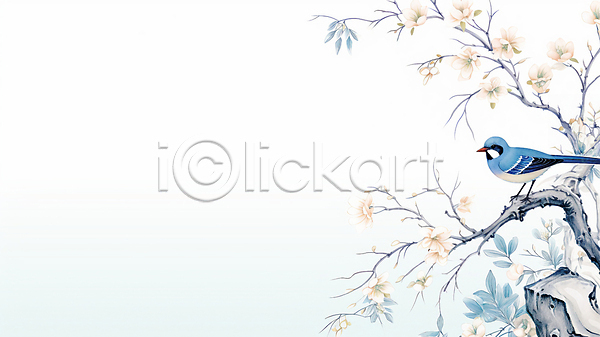 사람없음 JPG 디지털합성 일러스트 그림 꽃 나뭇가지 나뭇잎 동양화 백그라운드 카피스페이스 파랑새(새) 하늘색 한마리