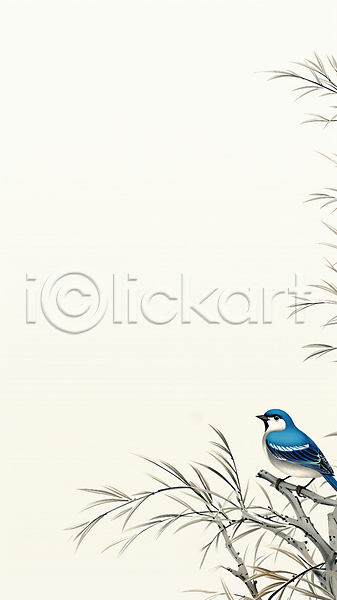 사람없음 JPG 디지털합성 일러스트 그림 나뭇가지 나뭇잎 동양화 백그라운드 카피스페이스 파랑새(새) 한마리 흰색