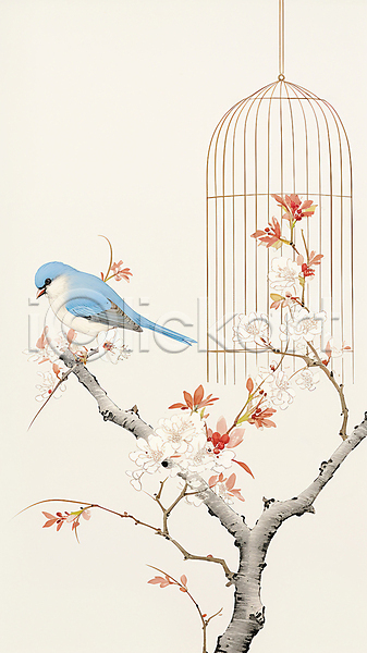 사람없음 JPG 디지털합성 일러스트 그림 꽃 나뭇가지 나뭇잎 동양화 백그라운드 베이지색 새장 카피스페이스 파랑새(새) 한마리