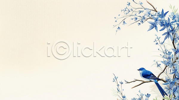 사람없음 JPG 디지털합성 일러스트 그림 꽃 나뭇가지 나뭇잎 동양화 백그라운드 베이지색 카피스페이스 파란색 파랑새(새) 한마리