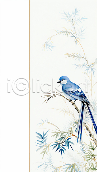 사람없음 JPG 디지털합성 일러스트 그림 나뭇가지 나뭇잎 동양화 백그라운드 카피스페이스 파란색 파랑새(새) 한마리