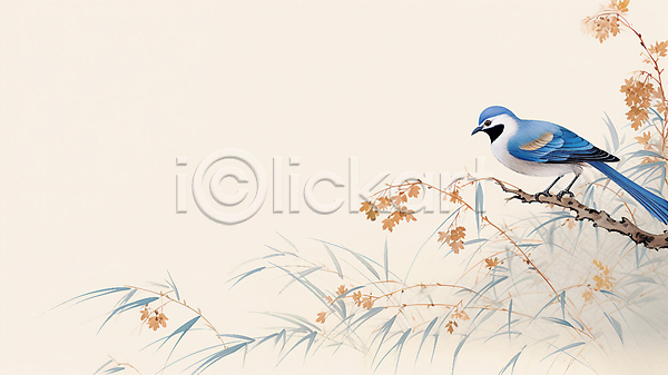 사람없음 JPG 디지털합성 일러스트 그림 나뭇가지 나뭇잎 동양화 백그라운드 베이지색 카피스페이스 파랑새(새) 한마리
