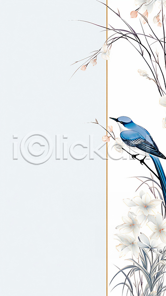 사람없음 JPG 디지털합성 일러스트 그림 꽃 나뭇가지 나뭇잎 동양화 백그라운드 카피스페이스 파랑새(새) 한마리