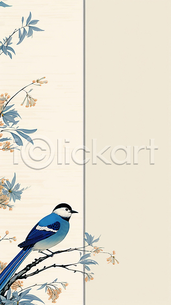 사람없음 JPG 디지털합성 일러스트 그림 나뭇가지 나뭇잎 동양화 백그라운드 베이지색 카피스페이스 파랑새(새) 한마리